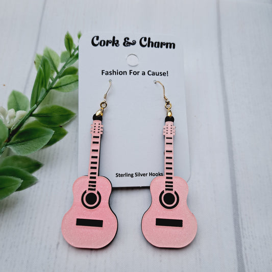 Pink Acrylic Guitar Sterling Silver Earrings