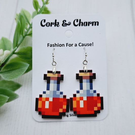 Red Potion Pixilated Acrylic Charm Gamer Sterling Silver Earrings