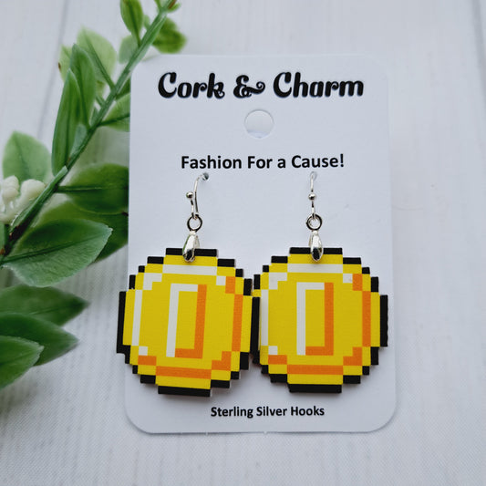 Gold Coin Pixilated Acrylic Charm Gamer Sterling Silver Earrings