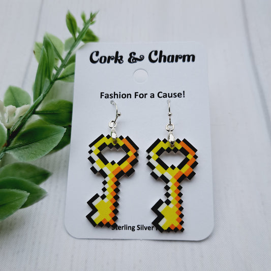 Gold Key Pixilated Acrylic Charm Gamer Sterling Silver Earrings