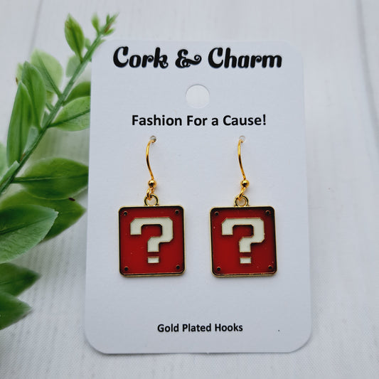 Red Question Box Block Enamel Charm Gamer Sterling Silver Earrings