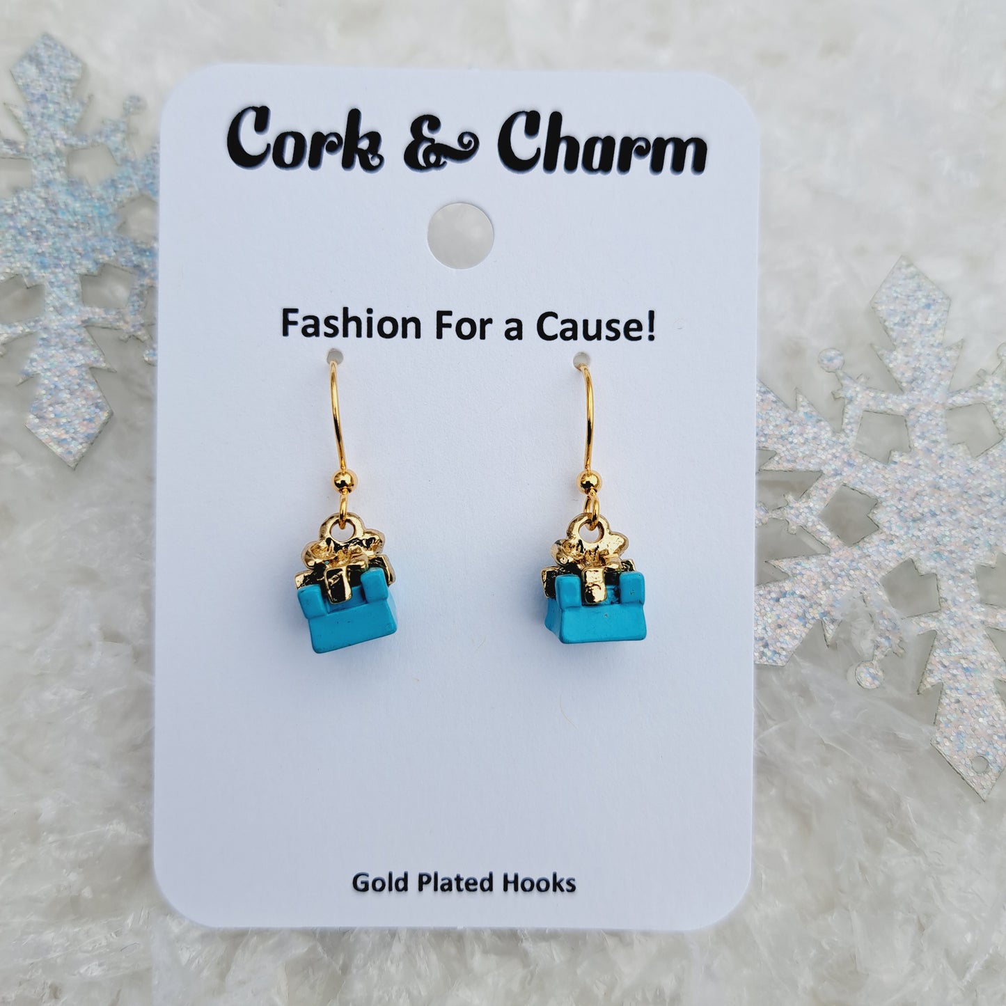 Blue Mini Present Gift Box Gold Earrings