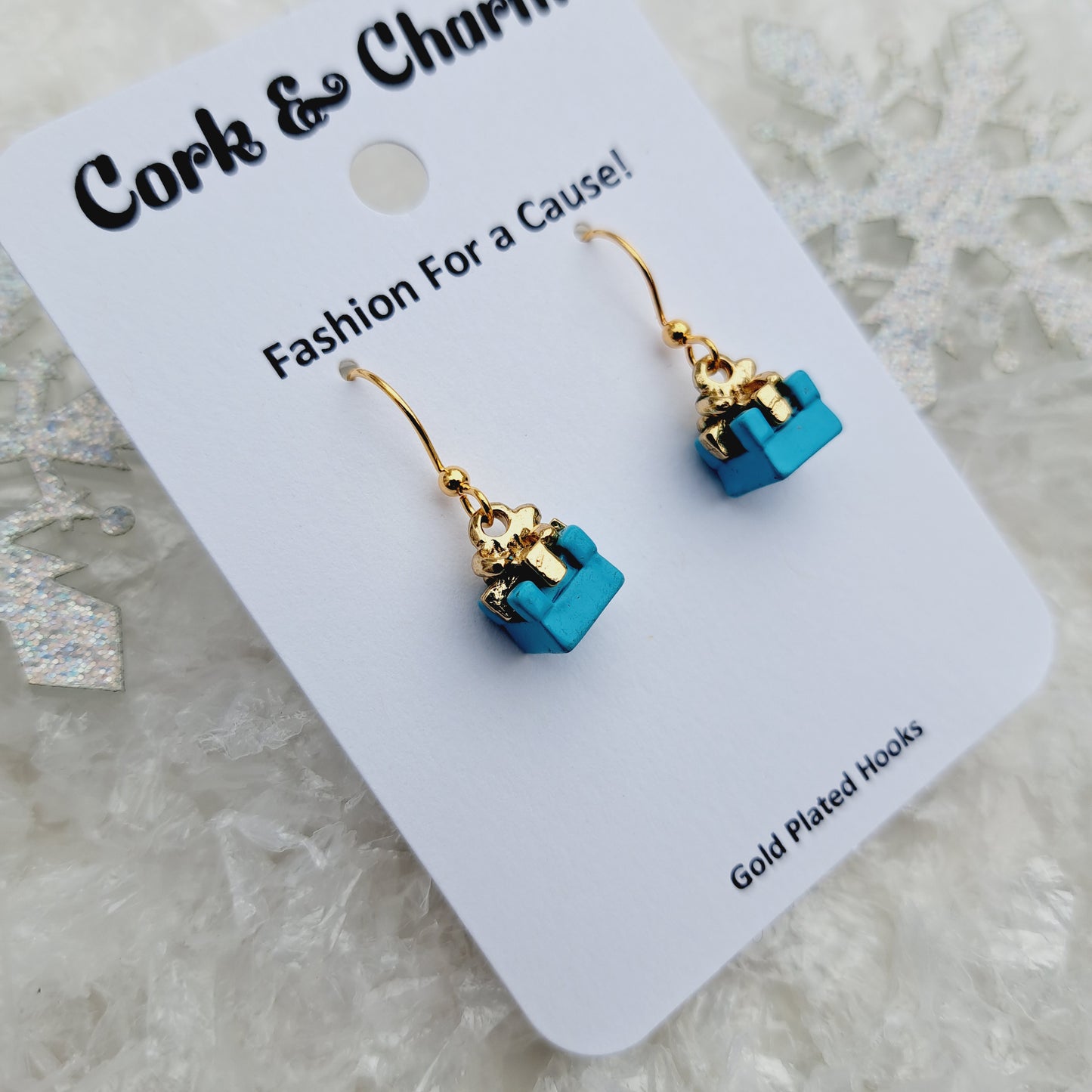 Blue Mini Present Gift Box Gold Earrings