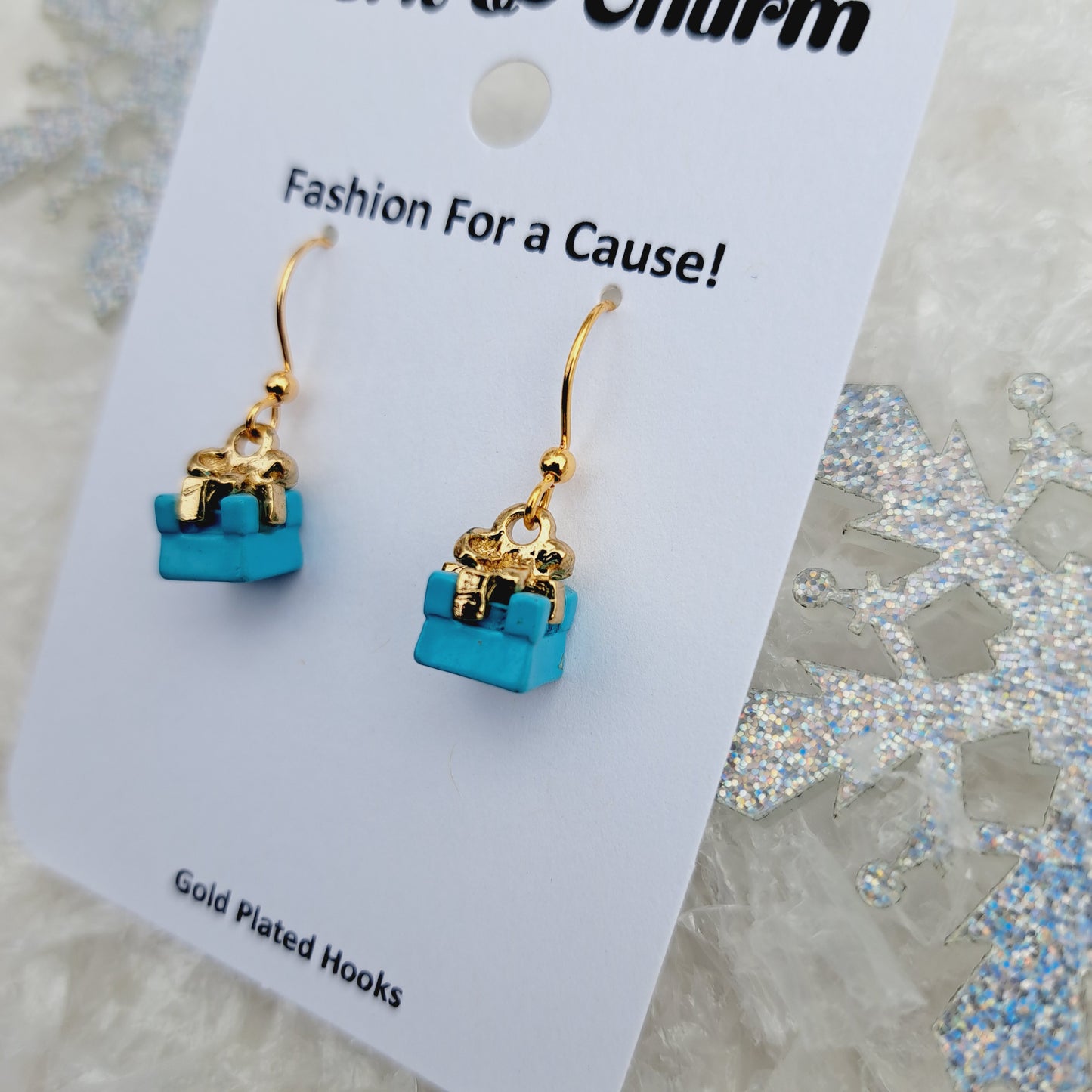 Blue Mini Present Gift Box Gold Earrings
