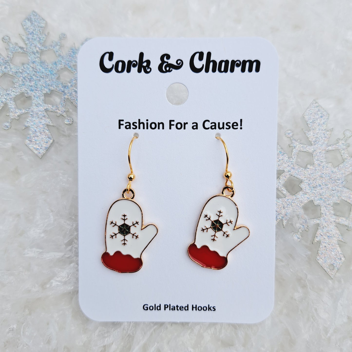 White Snowflake Mittens Enamel Gold Earrings