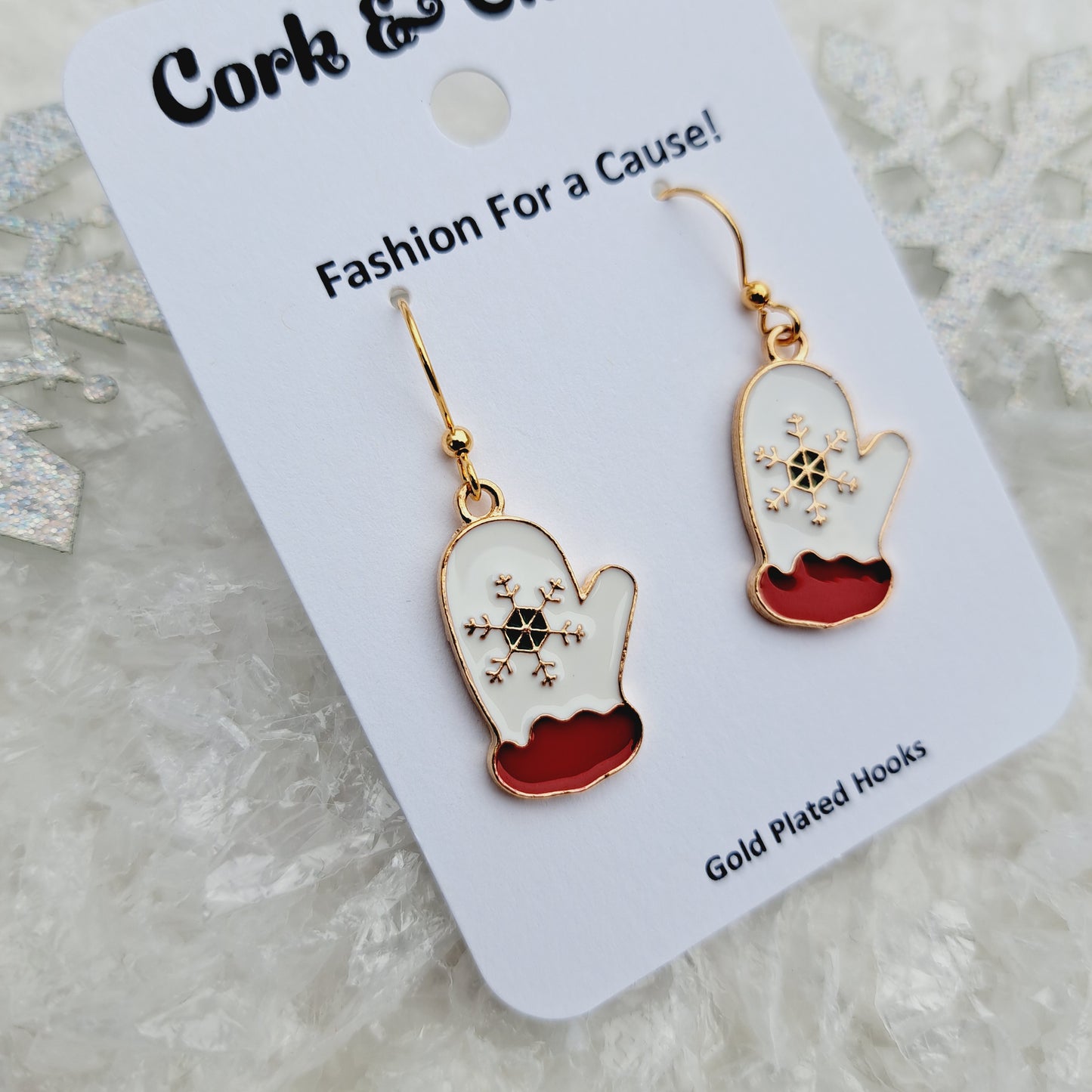 White Snowflake Mittens Enamel Gold Earrings