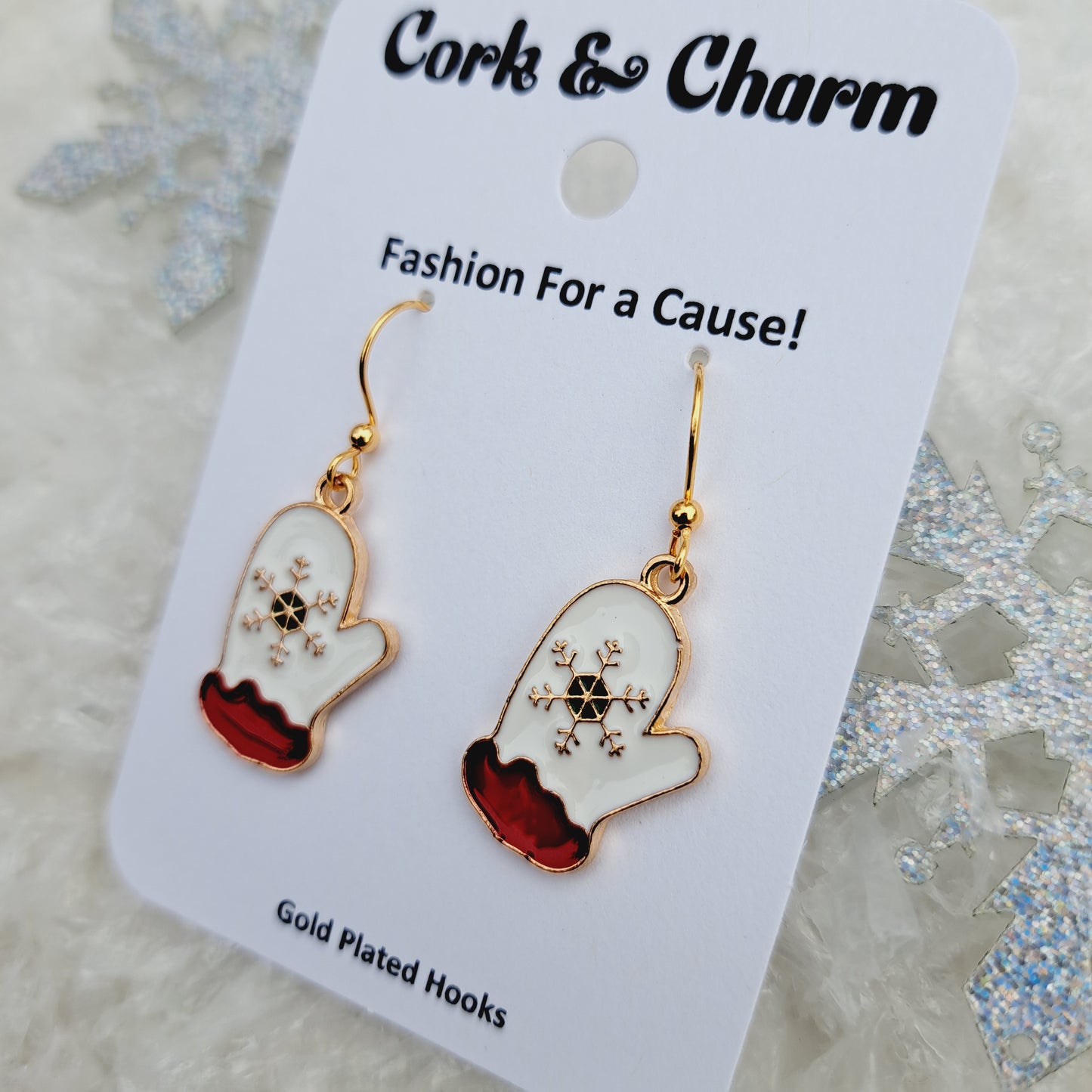 White Snowflake Mittens Enamel Gold Earrings