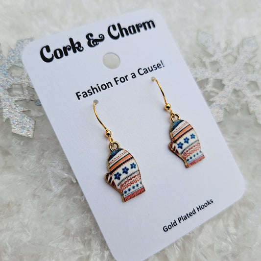 Cream Striped Mittens Enamel Gold Earrings