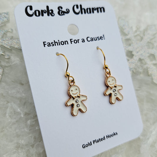Cream Gingerbread Man Cookie Enamel Gold Earrings