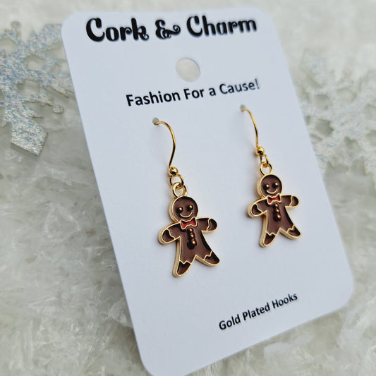 Brown Gingerbread Man Cookie Enamel Gold Earrings