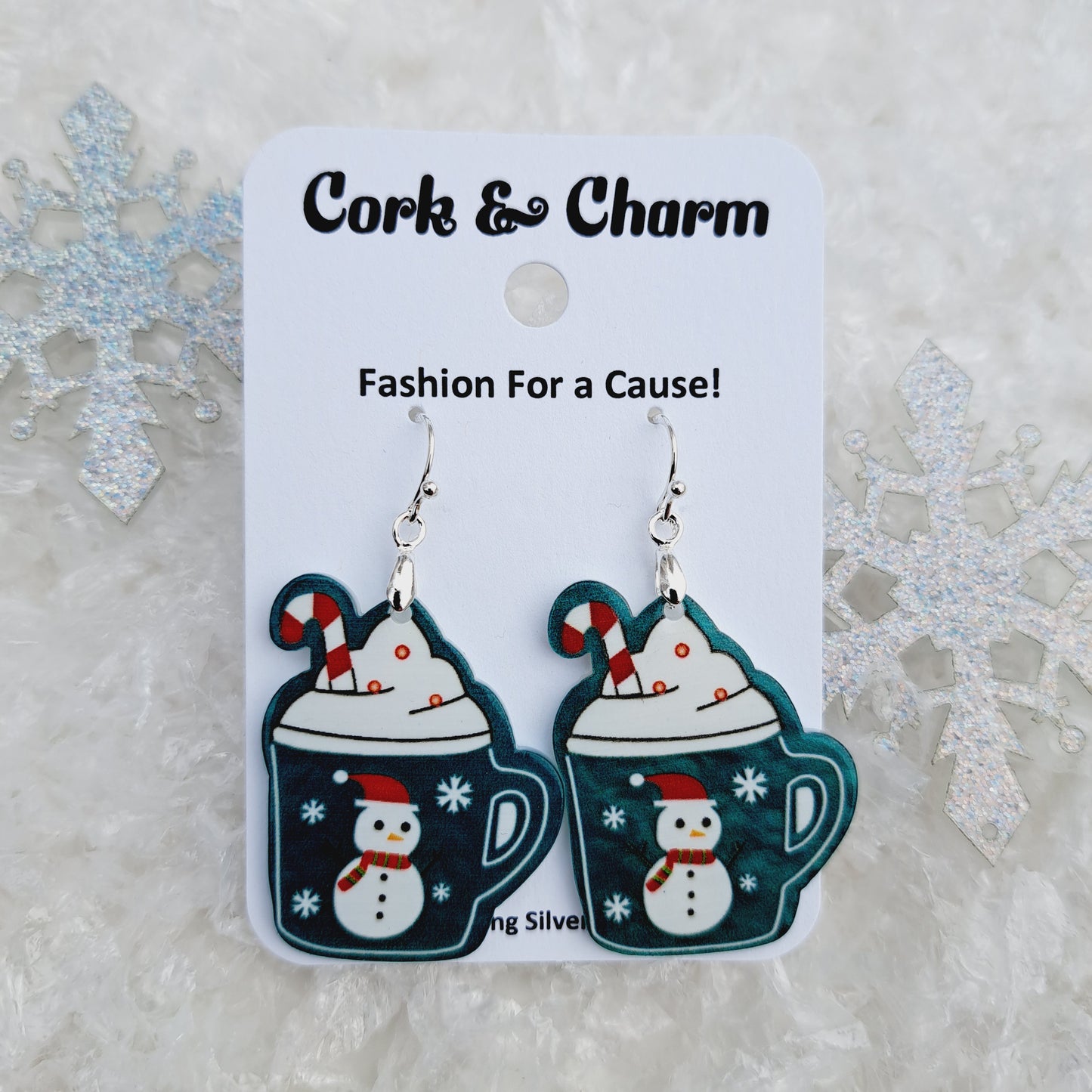 Snowman Candy Cane Hot Chocolate Cup Acrylic Sterling Silver Earrings