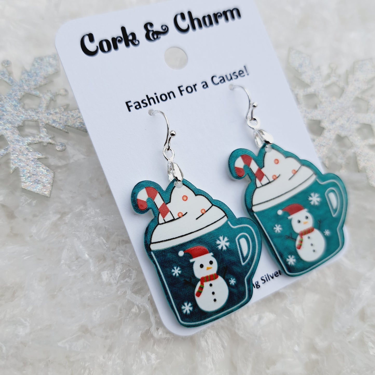 Snowman Candy Cane Hot Chocolate Cup Acrylic Sterling Silver Earrings