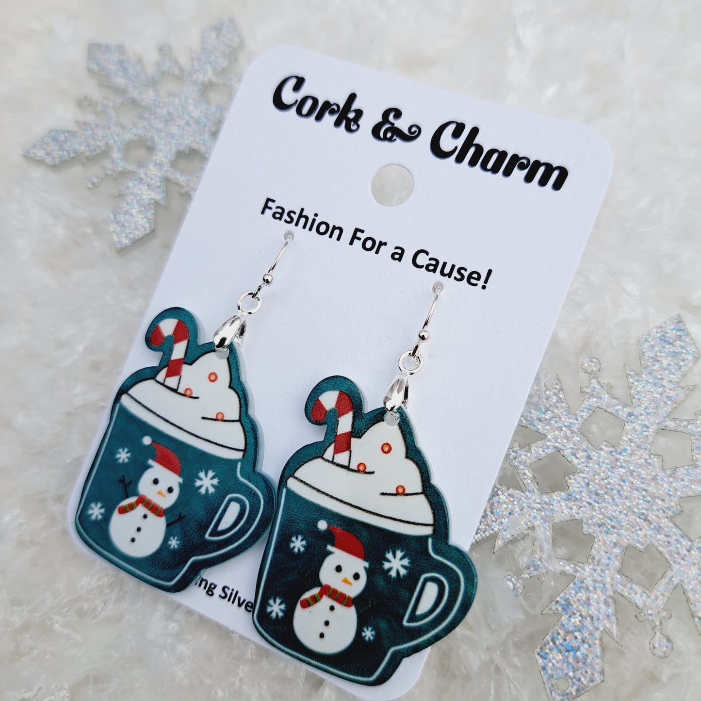 Snowman Candy Cane Hot Chocolate Cup Acrylic Sterling Silver Earrings