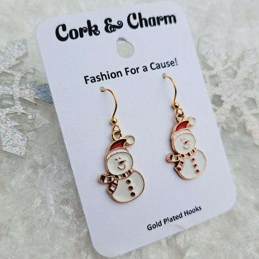 Red White Snowman Enamel Gold Earrings