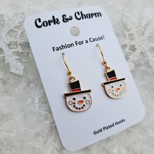 Top Hat Snowman Head Enamel Gold Earrings