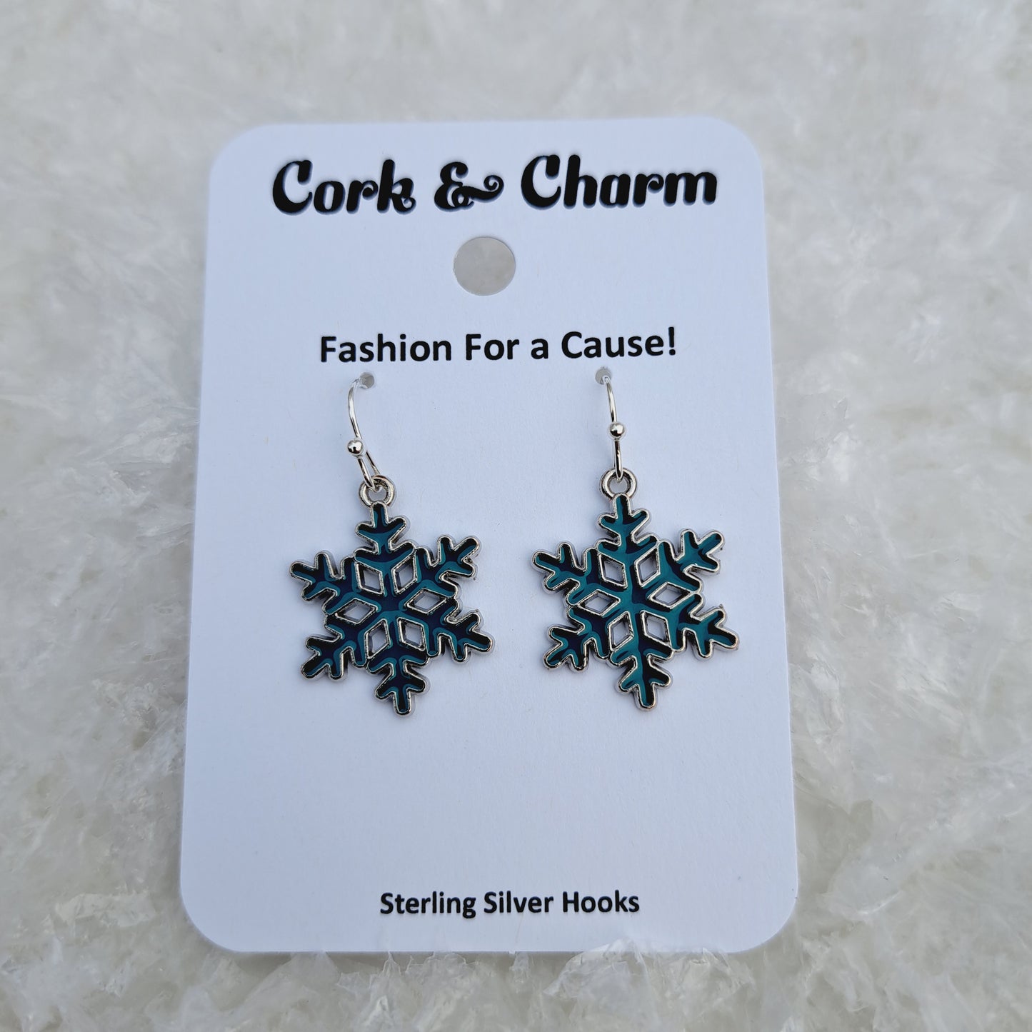 Teal Snowflake Enamel Sterling Silver Earrings