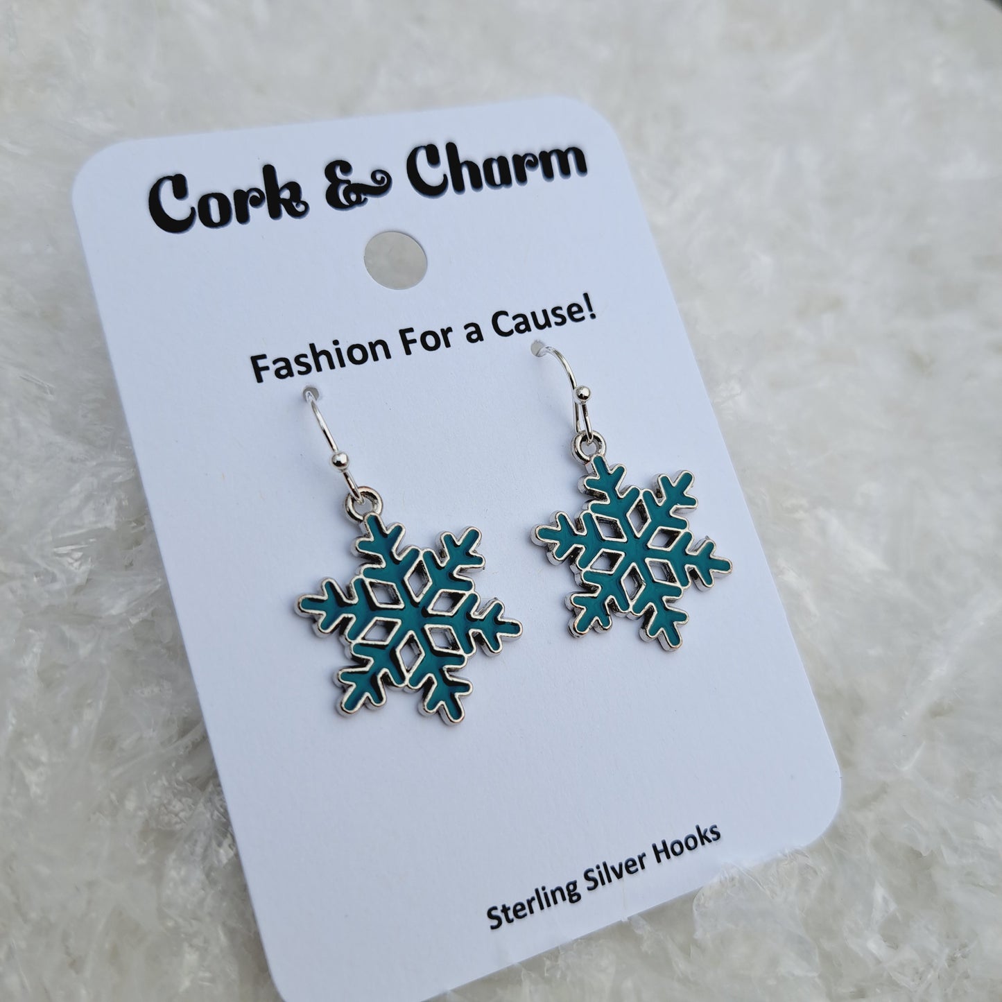 Teal Snowflake Enamel Sterling Silver Earrings