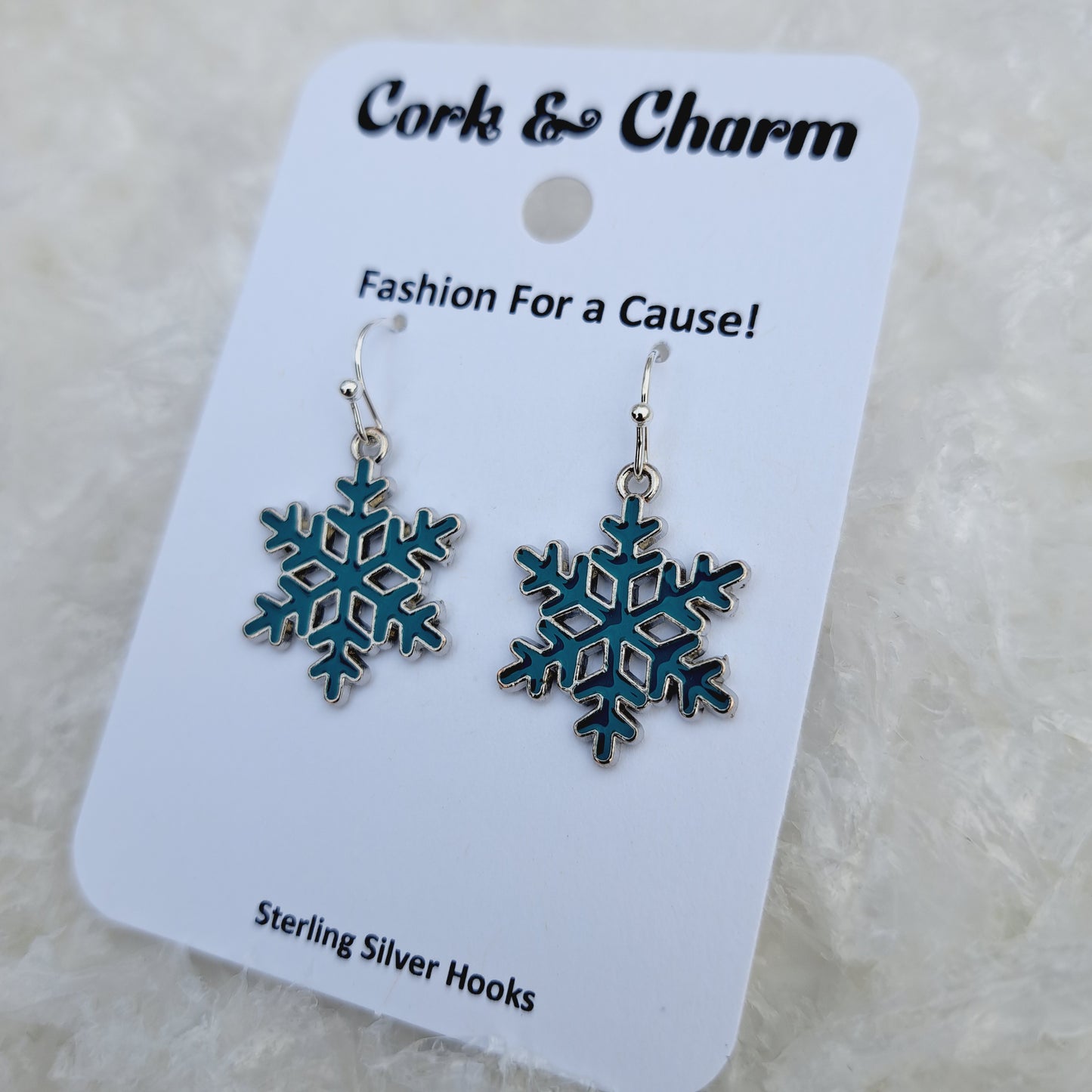 Teal Snowflake Enamel Sterling Silver Earrings