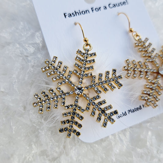 Fuzzy Sparkle Gold Snowflake Rhinestone Gold Earrings