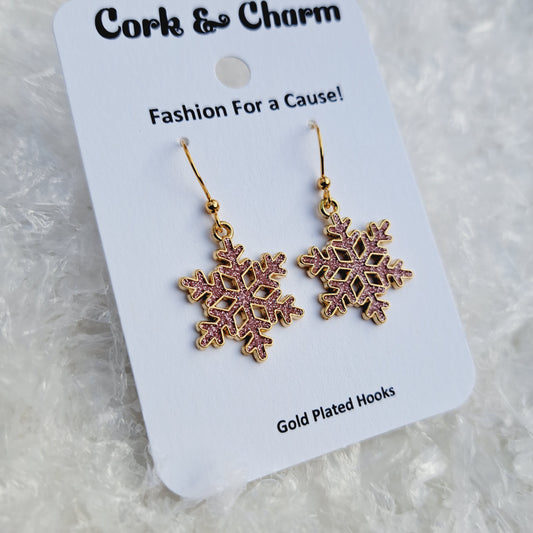 Pink Sparkle Snowflake Enamel Gold Earrings