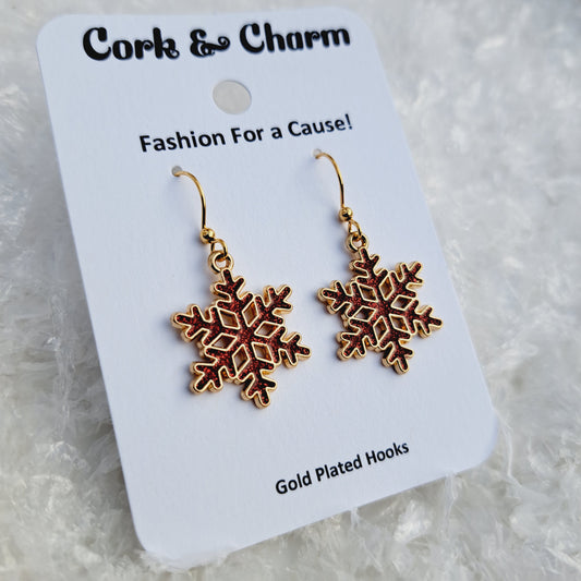 Red Sparkle Snowflake Enamel Gold Earrings