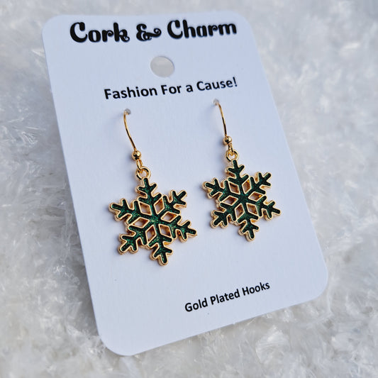 Green Sparkle Snowflake Enamel Gold Earrings