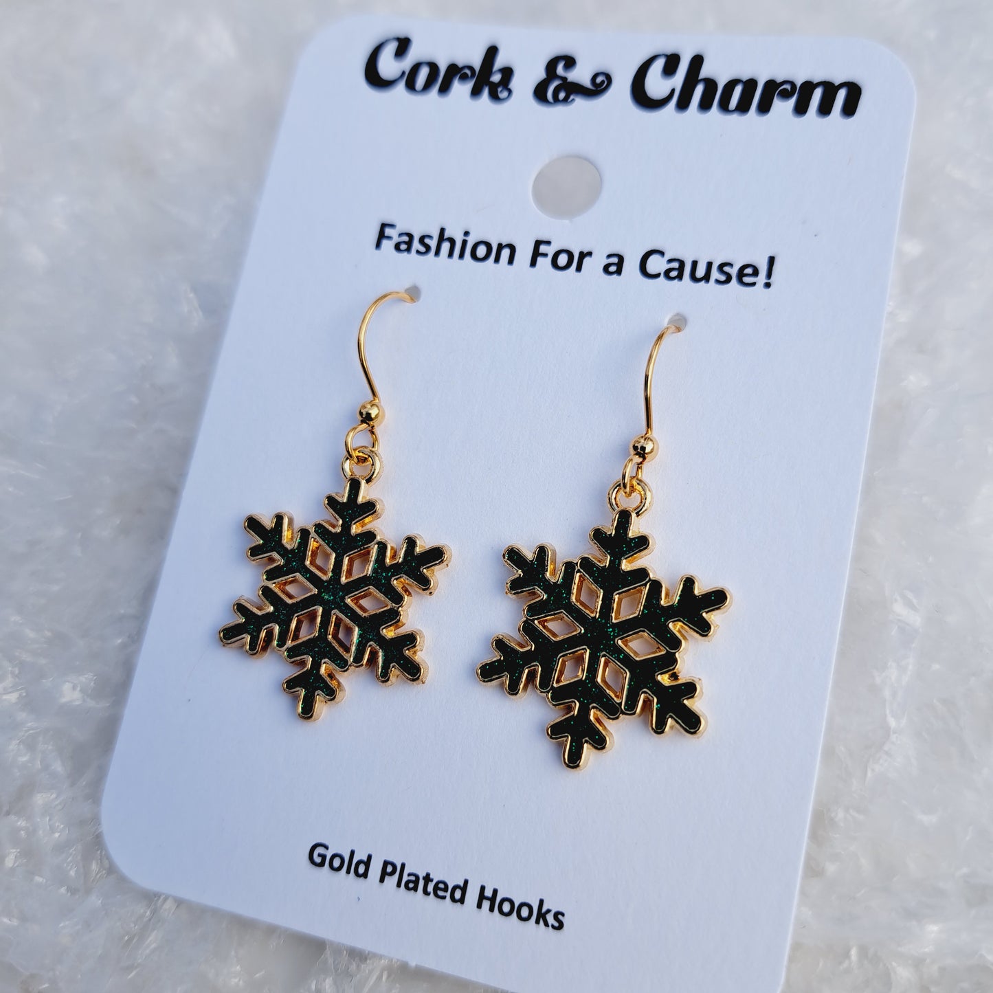 Green Sparkle Snowflake Enamel Gold Earrings