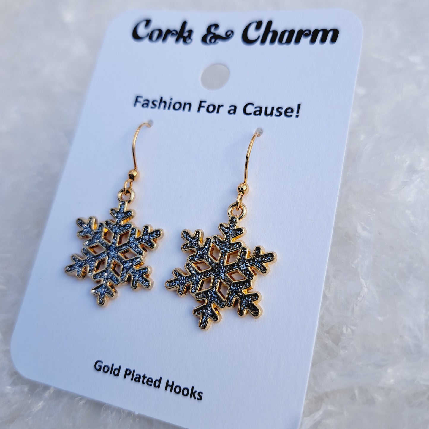 White Sparkle Snowflake Enamel Gold Earrings