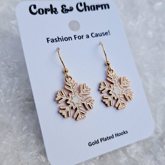 White Snowflake Enamel Gold Earrings