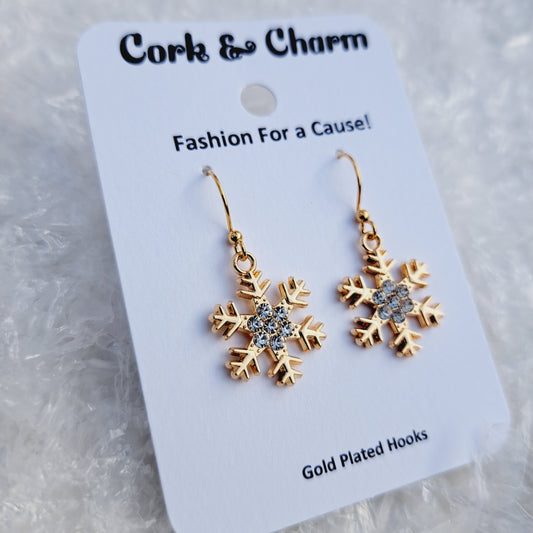 Gold Rhinestone Snowflake Enamel Gold Earrings