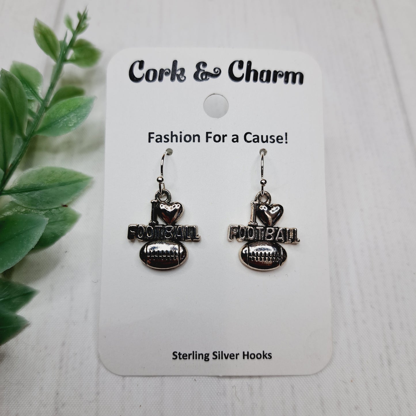 Silver I Heart Love Football Sterling Silver Earrings