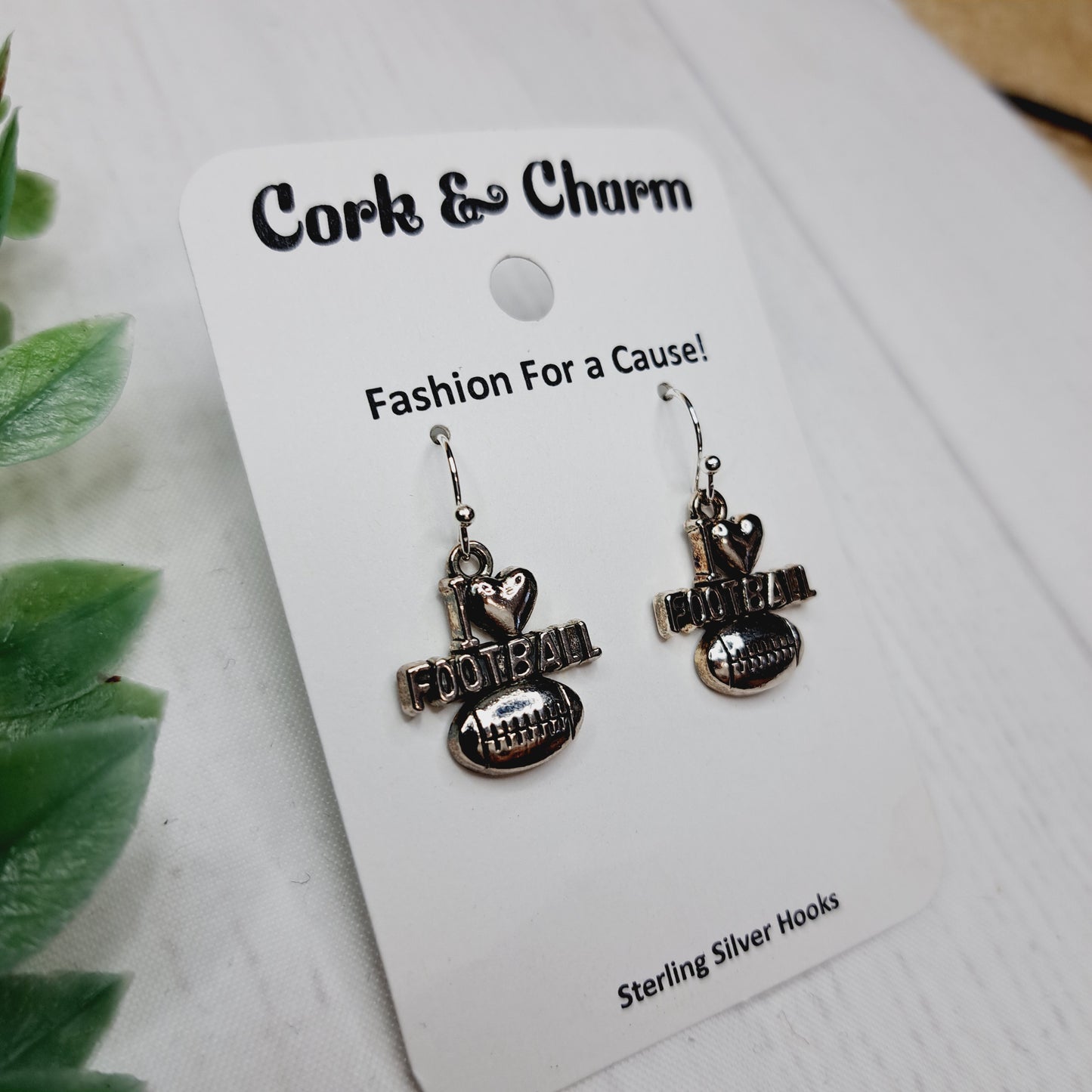 Silver I Heart Love Football Sterling Silver Earrings