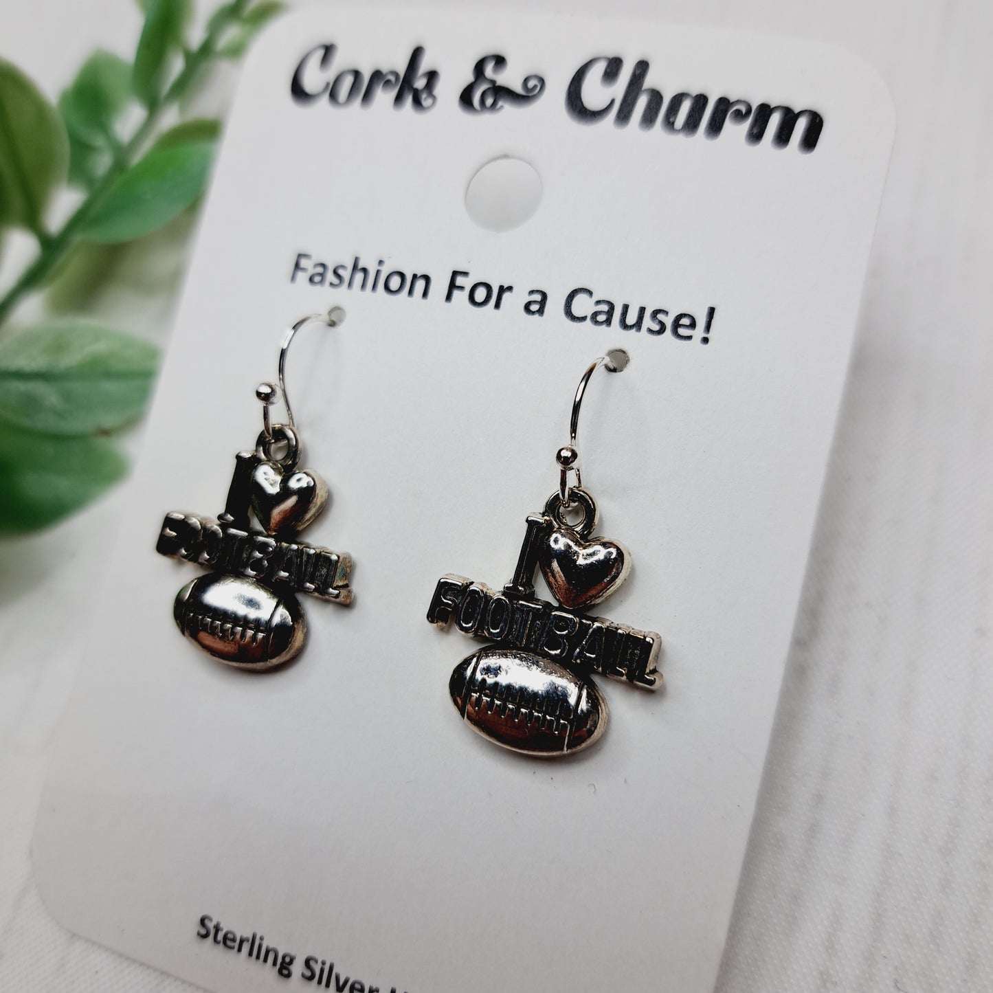 Silver I Heart Love Football Sterling Silver Earrings