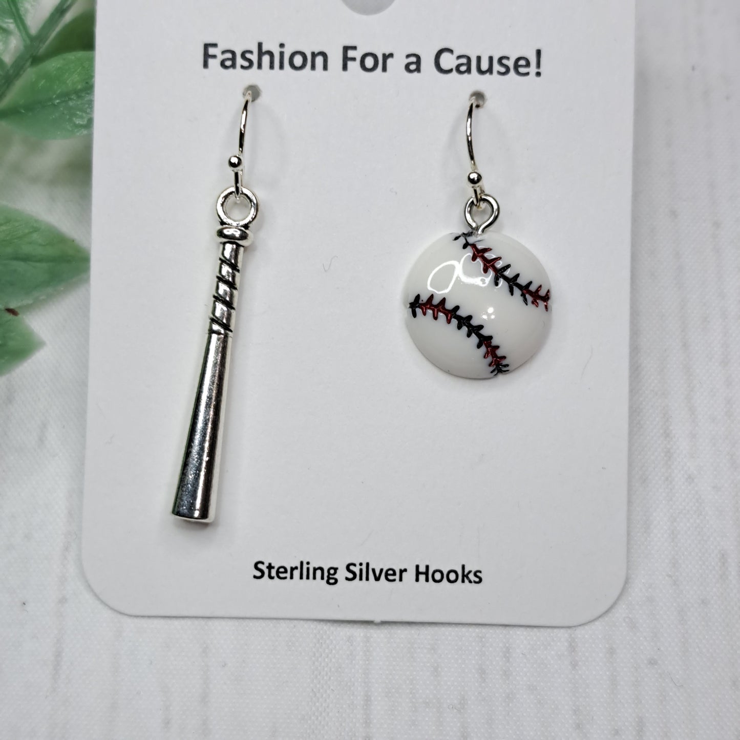 Asymmetrical Metal Baseball Bat and Resin Ball Sterling Silver Earrings