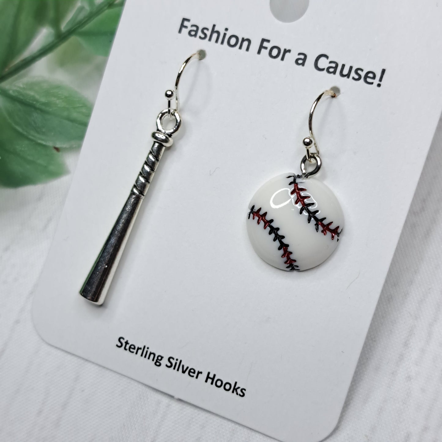 Asymmetrical Metal Baseball Bat and Resin Ball Sterling Silver Earrings