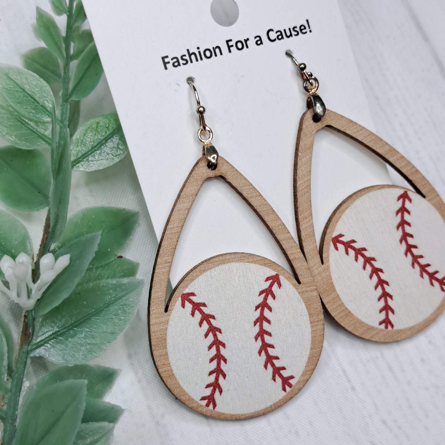 Baseball Teardrop Wooden Sterling Silver Earrings