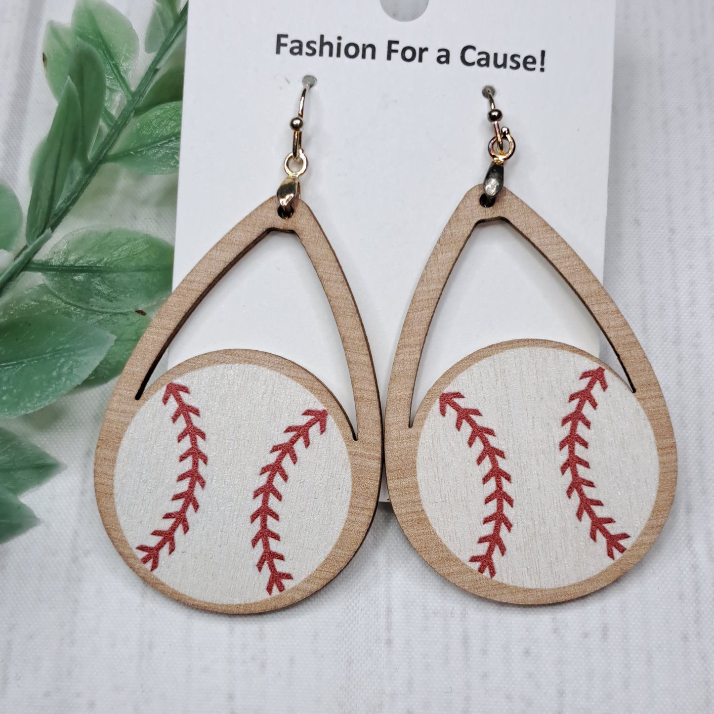 Baseball Teardrop Wooden Sterling Silver Earrings