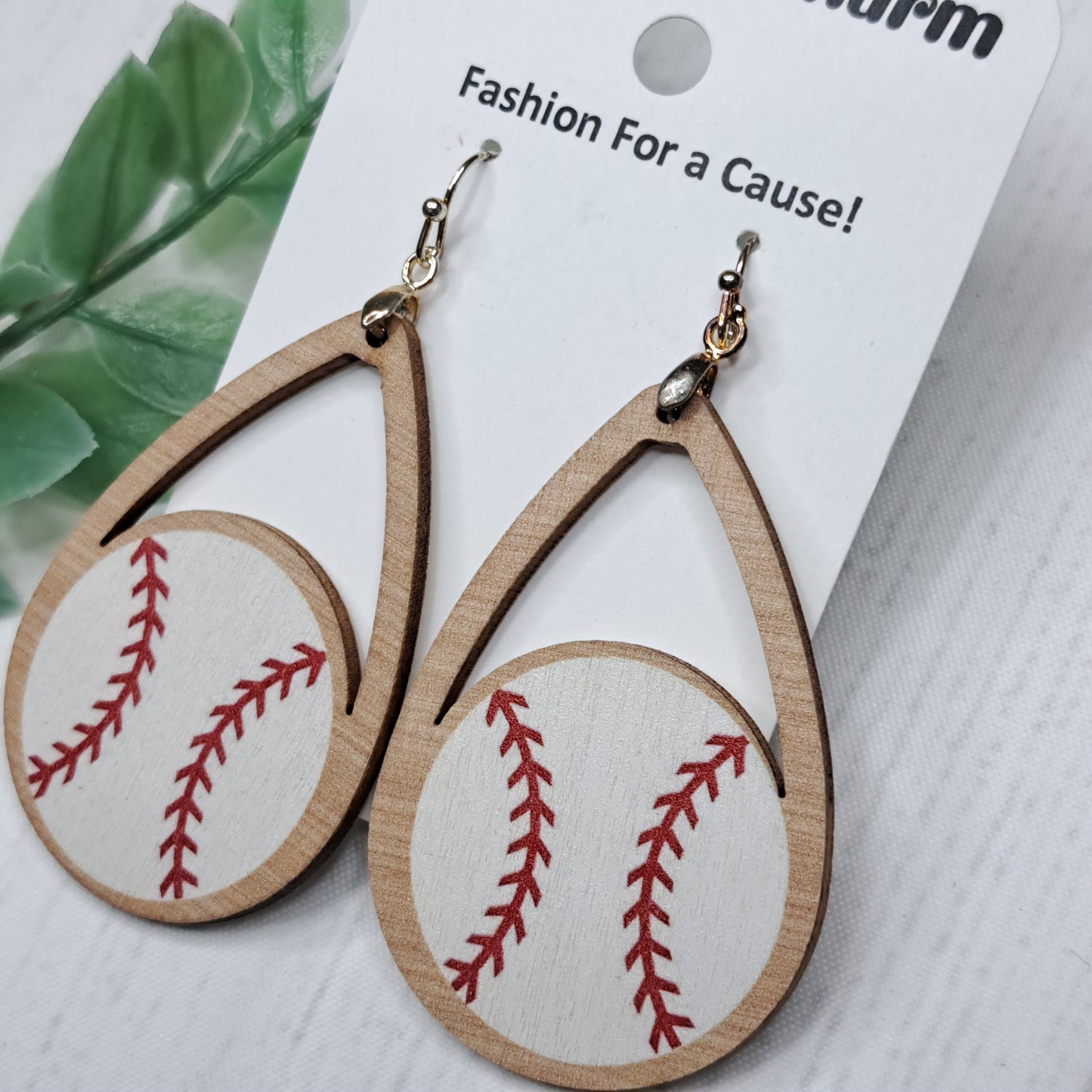 Baseball Teardrop Wooden Sterling Silver Earrings