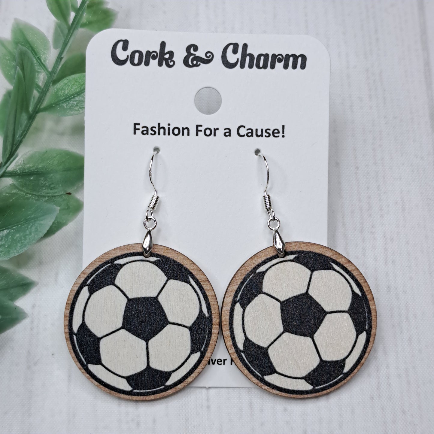 Soccer Ball Round Wooden Sterling Silver Earrings