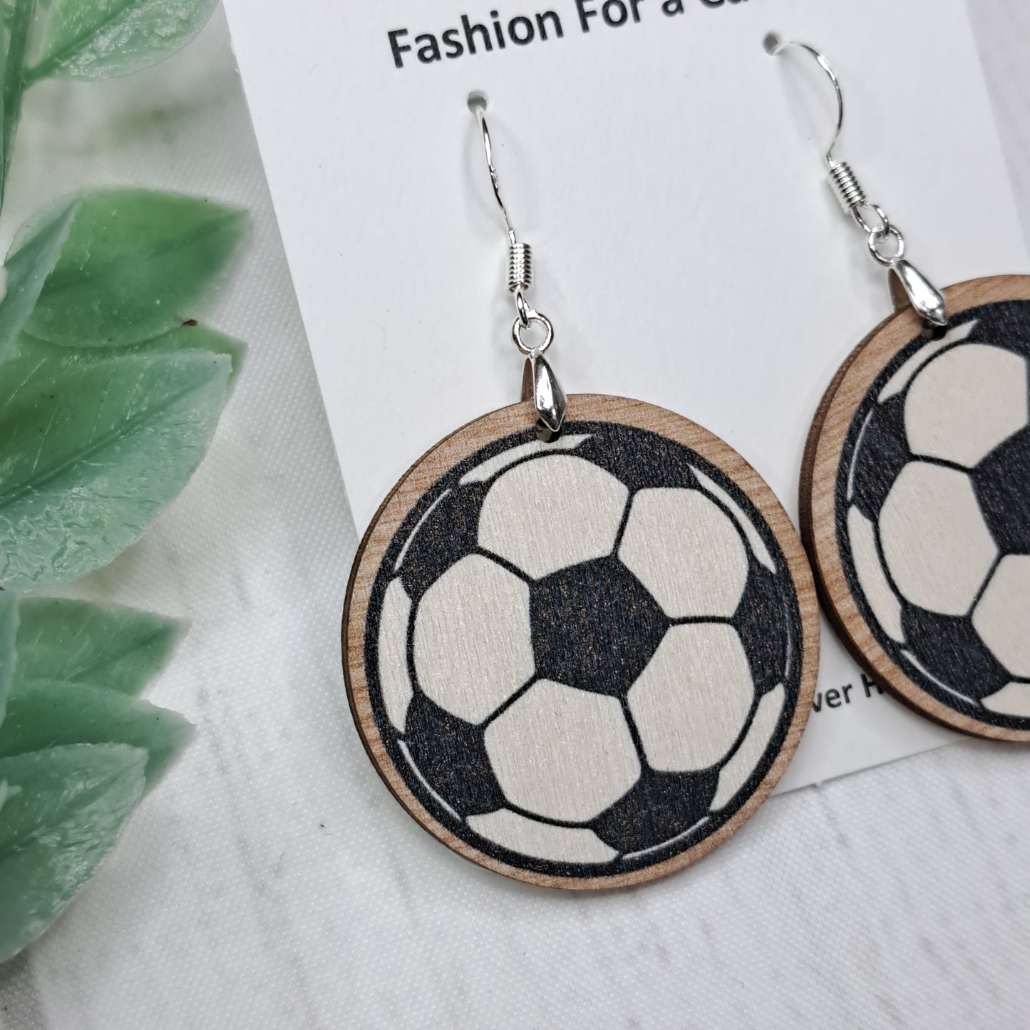 Soccer Ball Round Wooden Sterling Silver Earrings