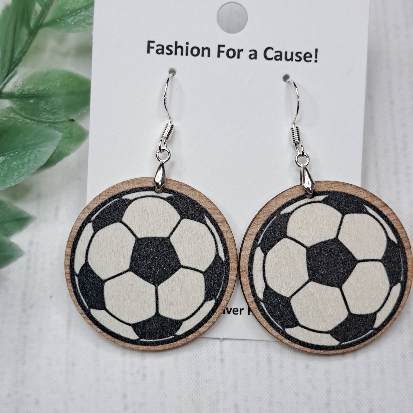 Soccer Ball Round Wooden Sterling Silver Earrings