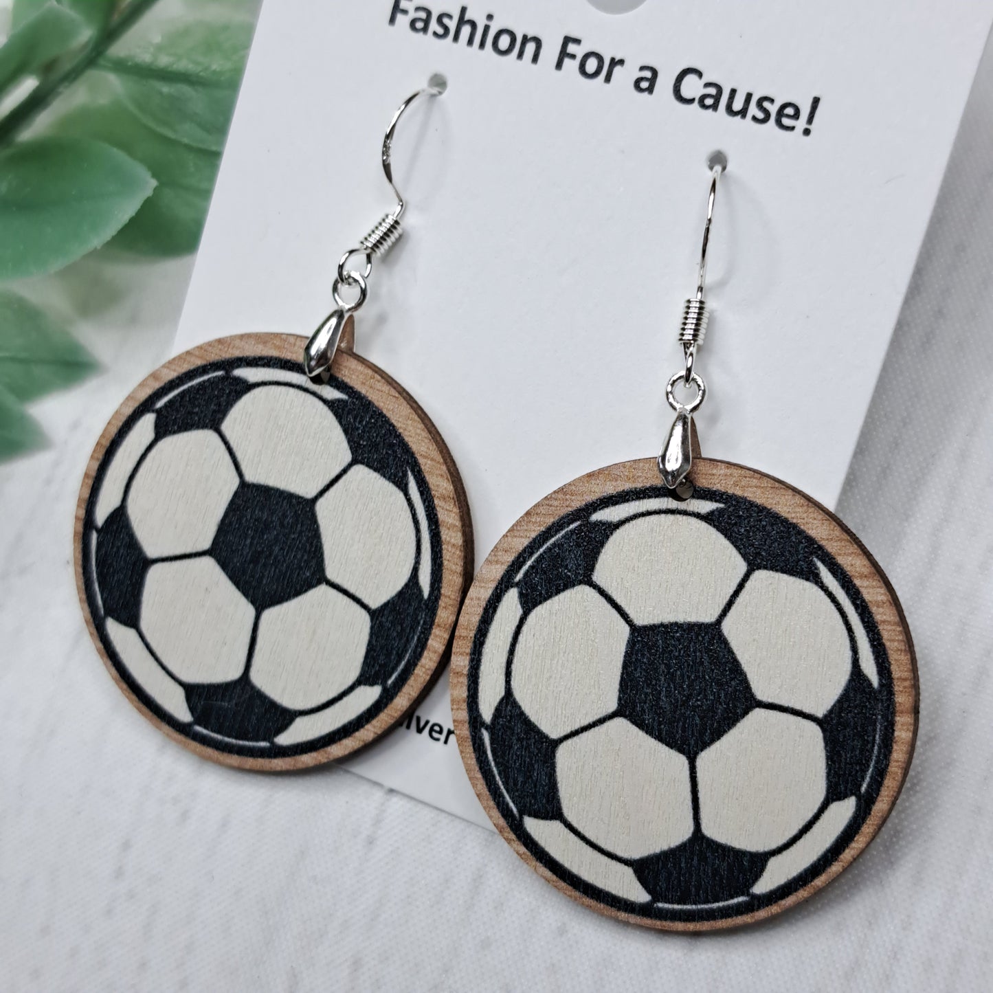 Soccer Ball Round Wooden Sterling Silver Earrings
