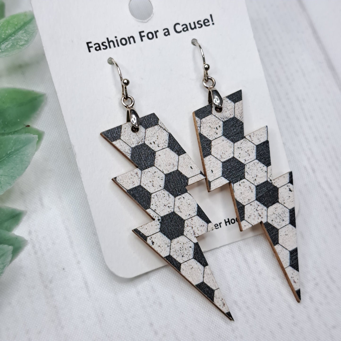 Lightning Bolt Soccer Ball Wooden Sterling Silver Earrings