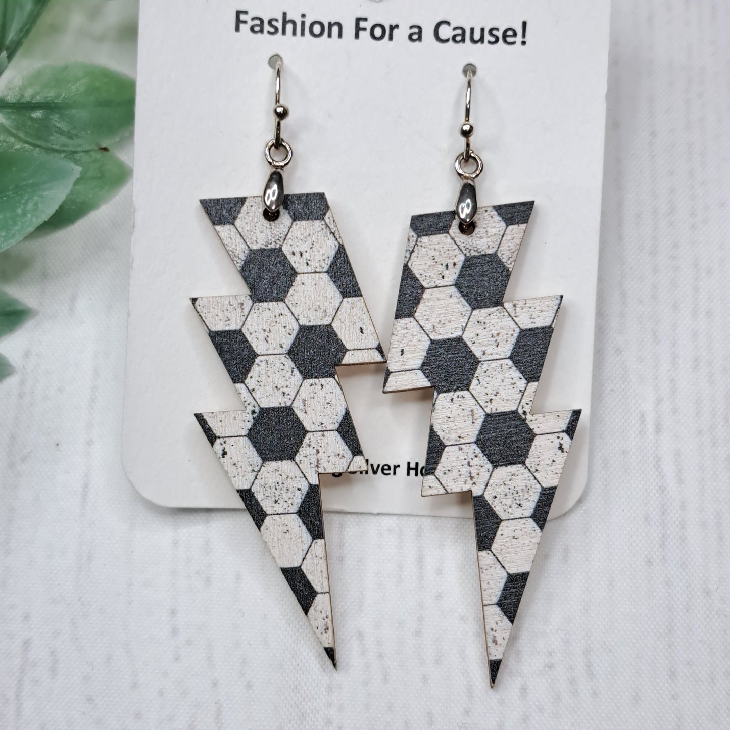 Lightning Bolt Soccer Ball Wooden Sterling Silver Earrings
