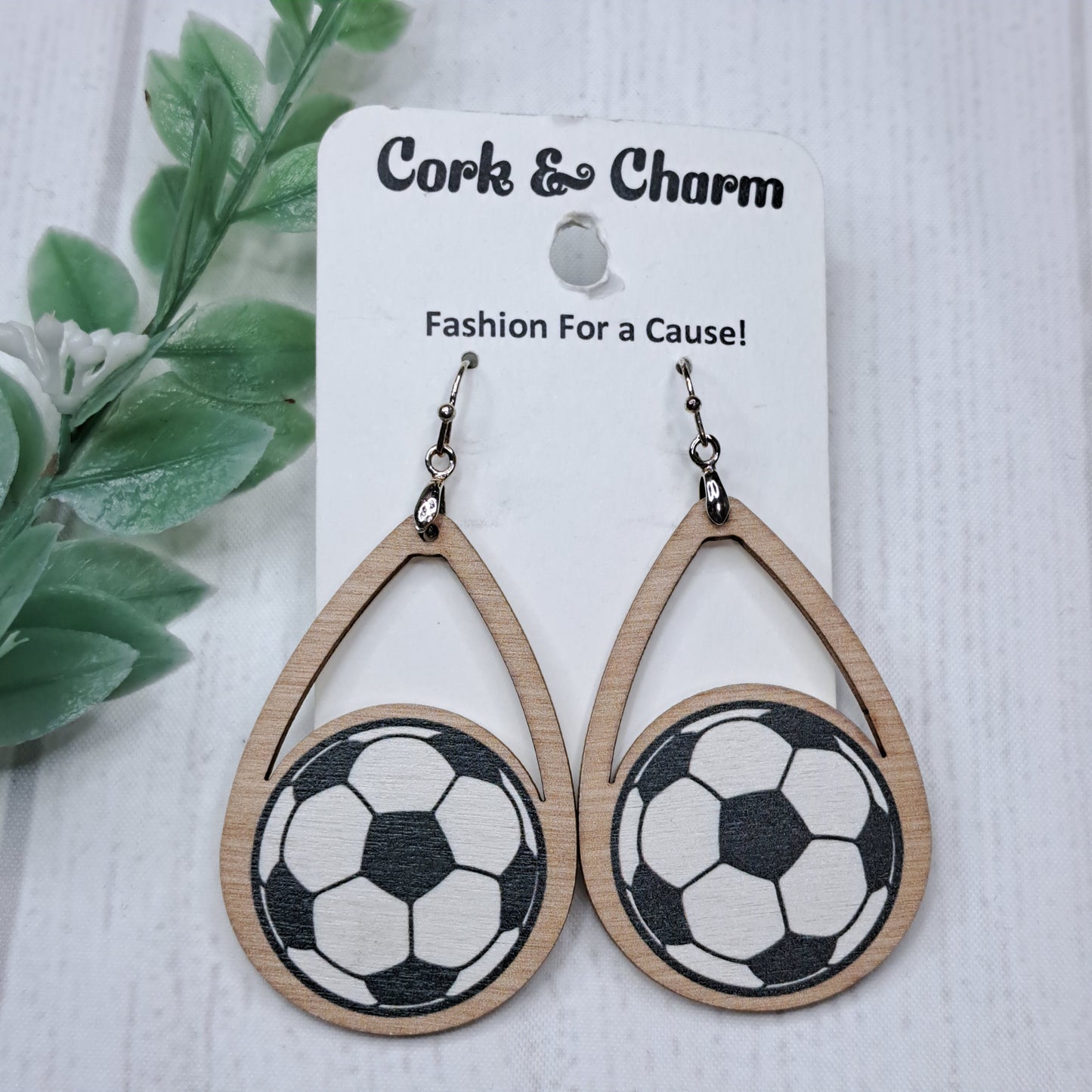 Teardrop Soccer Ball Wooden Sterling Silver Earrings