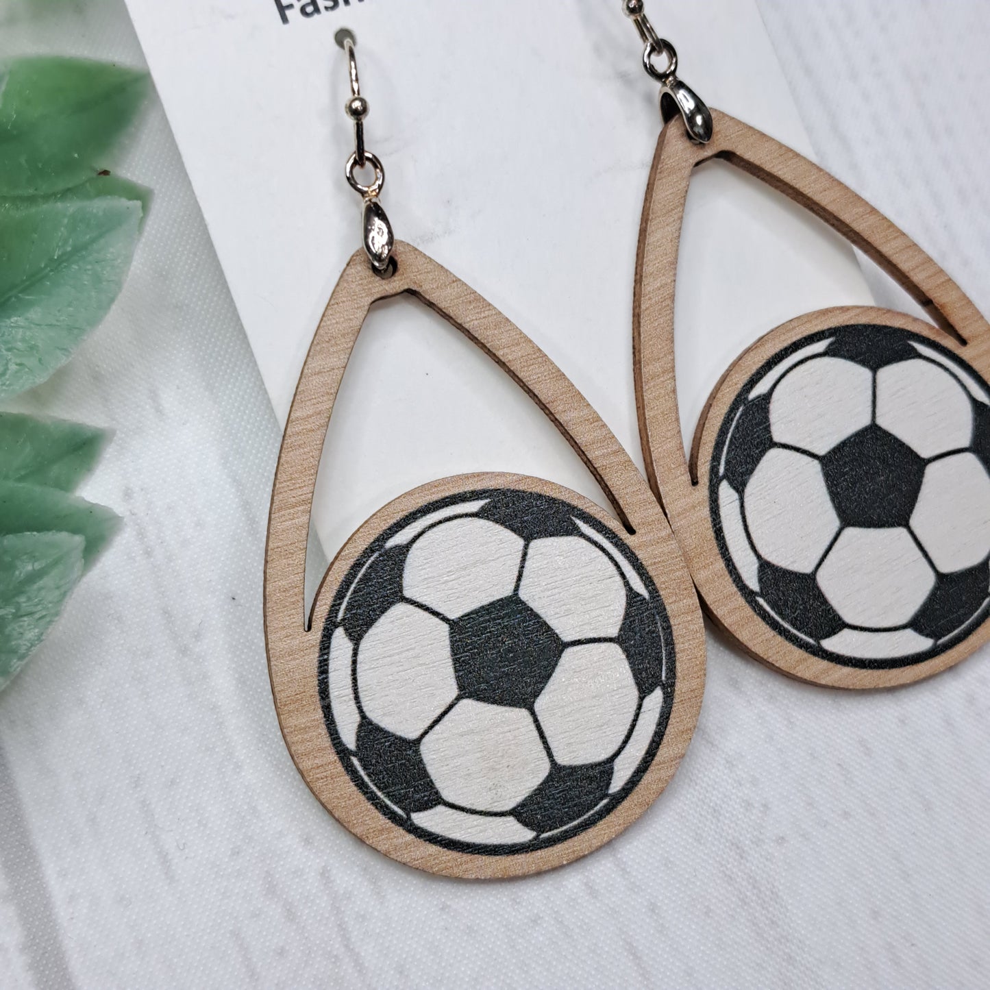 Teardrop Soccer Ball Wooden Sterling Silver Earrings