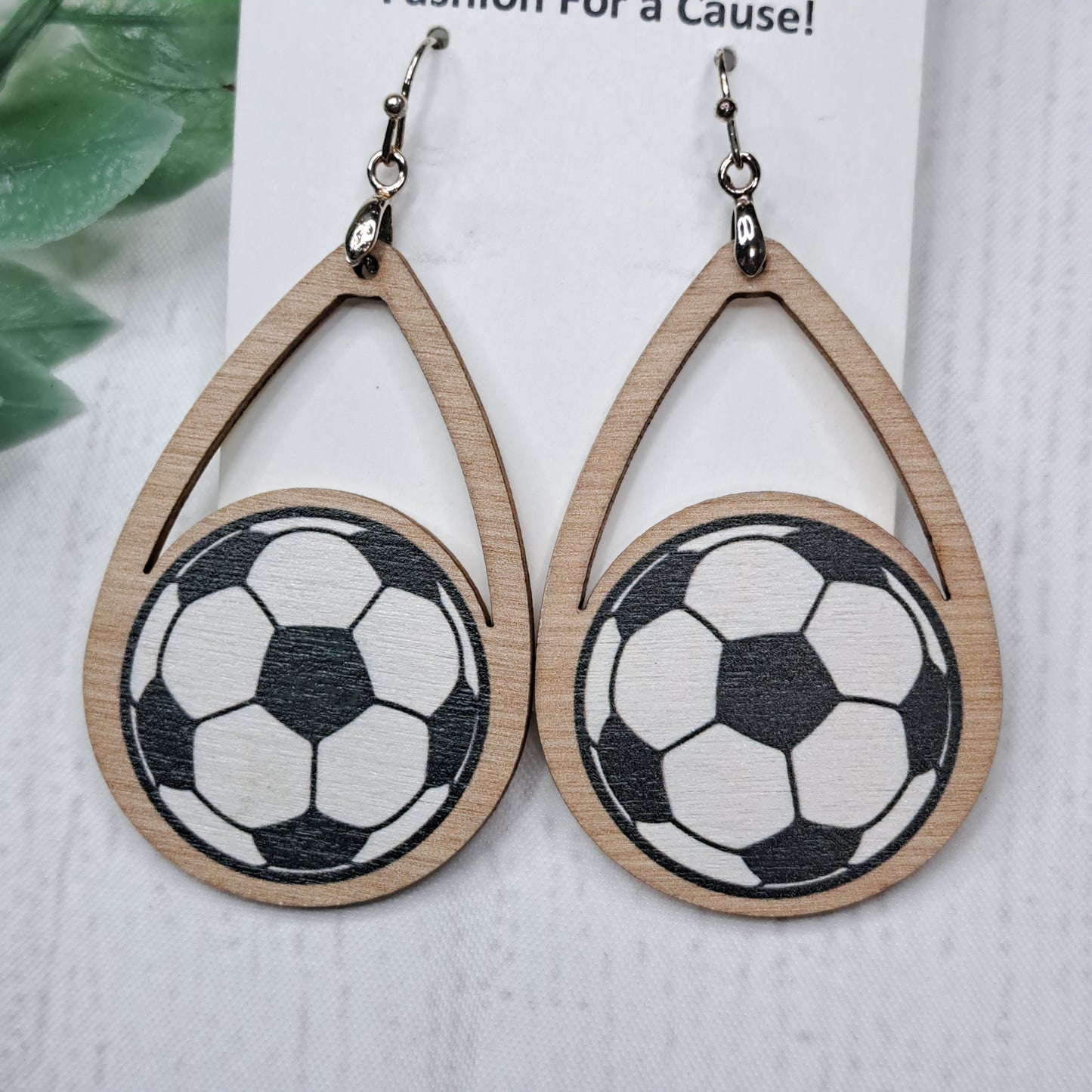 Teardrop Soccer Ball Wooden Sterling Silver Earrings