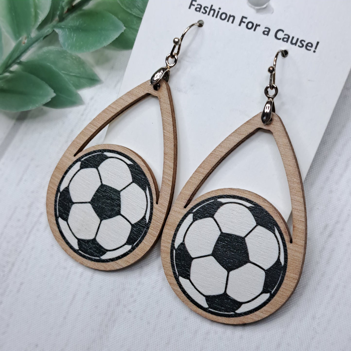 Teardrop Soccer Ball Wooden Sterling Silver Earrings