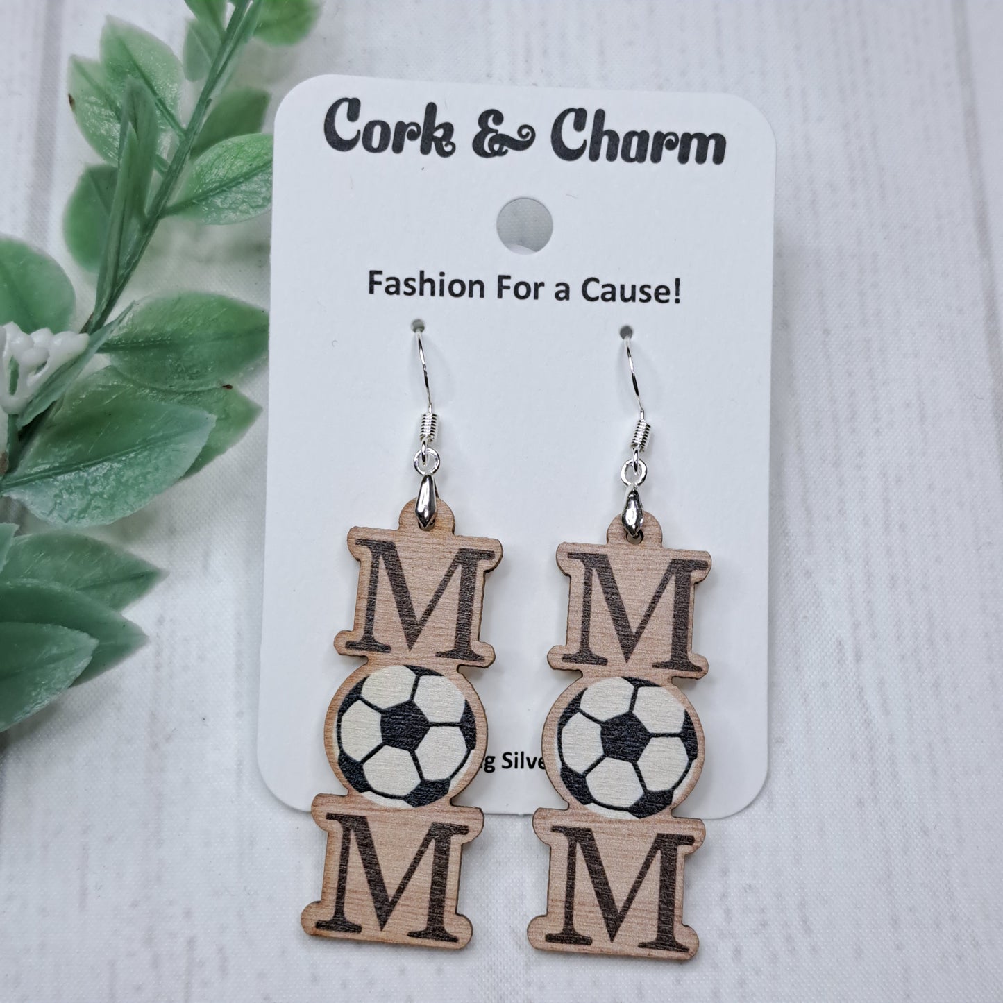 Soccer Ball Mom Wooden Sterling Silver Earrings
