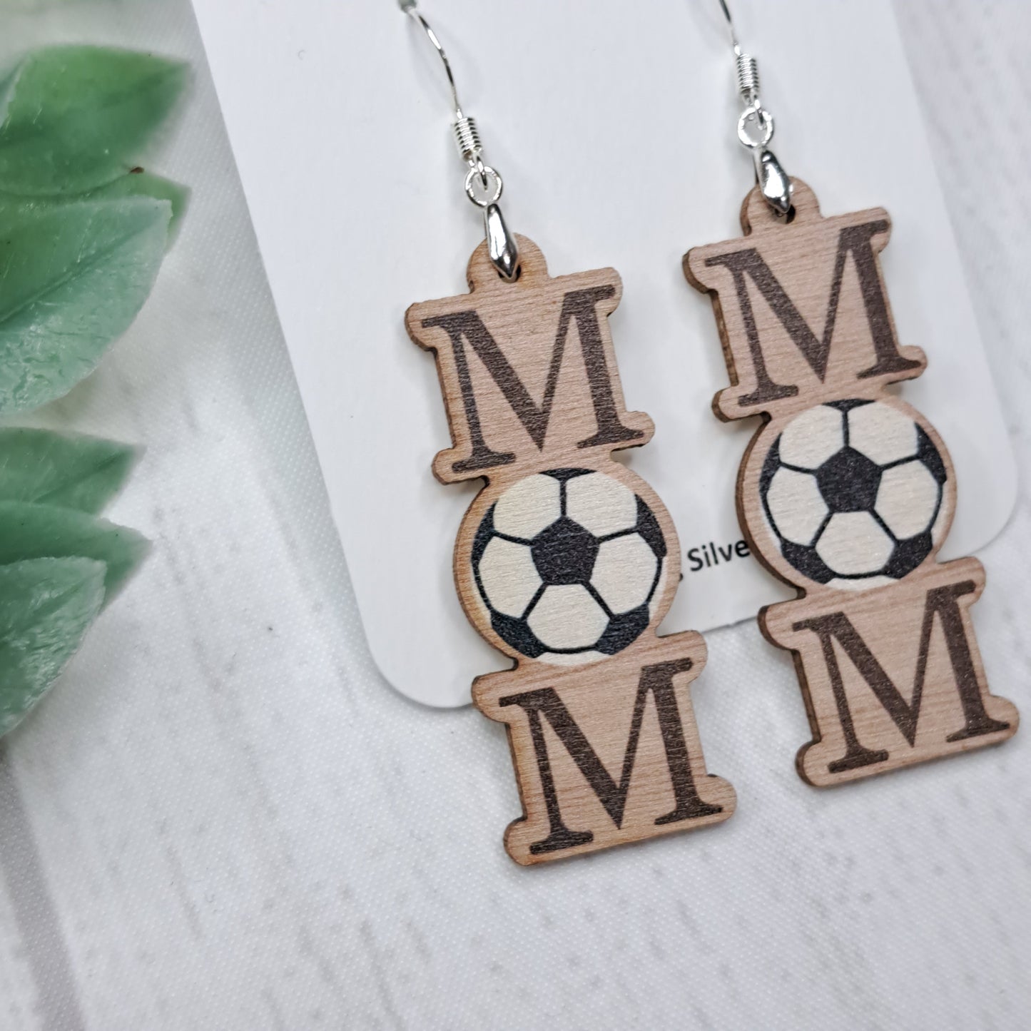 Soccer Ball Mom Wooden Sterling Silver Earrings